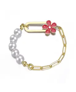 Браслет с покрытием из 14-каратного золота, жемчугом и эмалевой застежкой в виде цветка Gigigirl, red