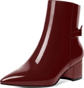 Женские ботильоны AMBELIGHT с молнией, с острым носком, повседневные, лакированные с бантом, на низком массивном каблуке, высотой до щиколотки, 5 см, Burgundy