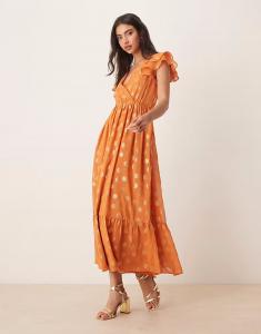 Платье миди Lovedrobe с V-образным вырезом и рукавами-крылышками оранжевого цвета с металлическим отливом