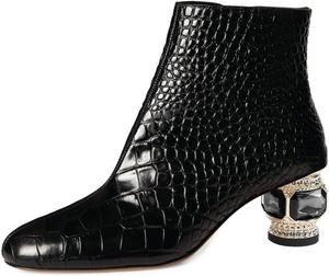 Женские ботильоны FSJ с круглым носком, камнями, невысоким каблуком, модные, с боковой молнией, повседневные, для выпускного, туристические, размеры 37-44, Schwarzes Krokodilmuster