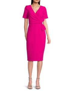 Платье миди с короткими рукавами и бантом из крепа Badgley Mischka, фуксия