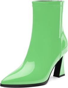Женские ботинки с острым носком на высоком каблуке, укороченные ботильоны с боковой молнией, модные короткие ботинки из искусственной лакированной кожи для женщин RLYGHWAO, Grass Green Patent