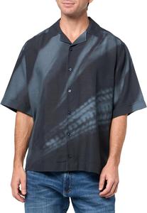 BOSS мужская тенсель-льняная смесовая рубашка с коротким рукавом на пуговицах, Midnight Zone