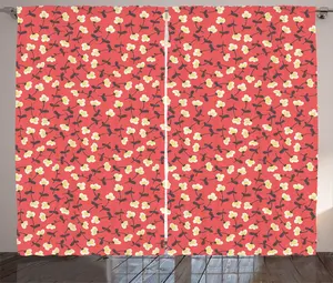 Штора для спальни ABAKUHAUS с деревенским цветочным рисунком, весенняя тема, с присборенной лентой, петлями и крючками, 280 x 225 см, кораллово-кремовый цвет Abakuhaus