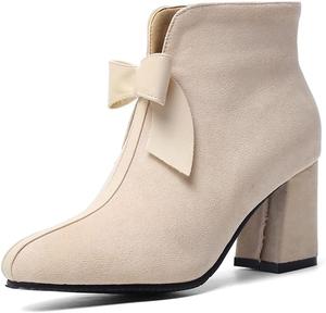 MRKEWUNEY Женские сладкие ботильоны с бантом на щиколотке, высокие каблуки, боковая молния, короткие свадебные и праздничные ботинки, 72 Beige