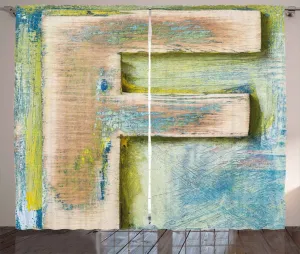 Штора ABAKUHAUS "Литера F" в деревенском стиле, тип "Заглавная буква F" с потертостями, универсальная, для гостиной, с петлями и крючками, 280 x 225 см, цвет: зеленый, синий, бежевый Abakuhaus