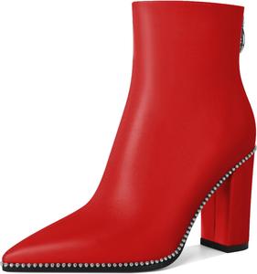 Женские ботильоны с заостренным носком, высокие каблуки, массивные ботильоны на толстой подошве, каблук 3,8 дюйма Younton, Matte Red