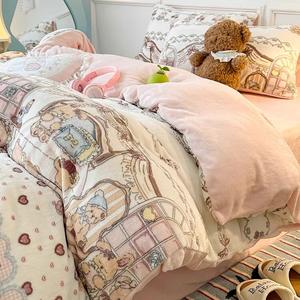 Disney Комплект постельного белья 1,5 м, 4 предмета, для одеяла 200x230 см, двойной молочный вельвет, мягкий плюш, теплый, цвет K Bear Doll House