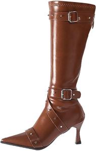 Женские готические кожаные ботильоны с заклепками, ремешком на щиколотке, шпилькой, высокие до колена, сексуальная модная обувь на молнии Generic, Brown