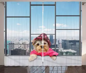 Штора в деревенском стиле ABAKUHAUS с цитатой Причудливая собака в плаще, присборенная штора для спальни с петлями и крючками, 280 x 245 см, небесно-голубой, серый, розовый Abakuhaus