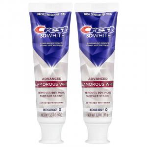 Crest, 3D White, фторсодержащая зубная паста от кариеса, улучшенная, с эффектом гламурного белого цвета, 2 тюбика по 93 г (3,3 унции)