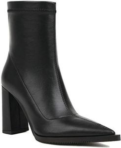 Женские ботильоны TNXZ с высоким массивным каблуком, на молнии, с заостренным носком, короткие ботильоны с боковой молнией и высоким каблуком, Black