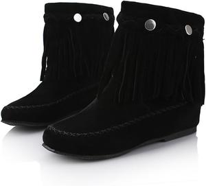 Женские ковбойские сапоги Ulalaza с бахромой, скрытой танкеткой, скуфита на щиколотке, с кисточками, стразы, блестящая ткань, нубук, удобные сапоги на ноге для улицы, свадьбы или вечеринки, S4-Black