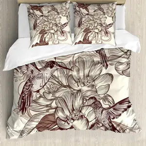 Пододеяльник ABAKUHAUS "Колибри", с рисунком птиц и цветов, с защитой от клещей, подходит для аллергиков, с наволочками, 155 см x 220 см - 80 x 80 см, цвет слоновой кости Abakuhaus