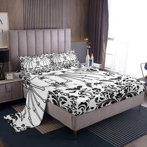 Erosebridal Комплект постельного белья Gothic Moth Skull с готическим принтом черепов и бабочек в черно-белой дамасской расцветке, Black and White