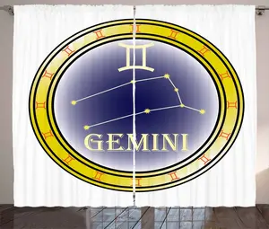 Штора ABAKUHAUS "Близнецы" в деревенском стиле, с кругом и знаками зодиака, универсальная, с петлями и крючками, для гостиной, 280 x 175 см, цвет: оранжевый, синий, желтый Abakuhaus