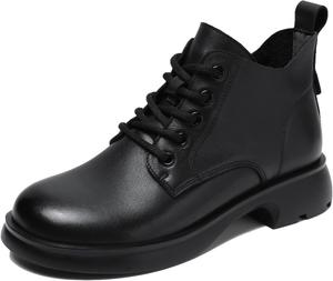 Женские короткие ботильоны на низком каблуке из натуральной кожи, удобные, легкие, с круглым носком, шнуровкой, мягкой подошвой и плюшевой подкладкой для ходьбы XIAOGULI, Black No-Plush Lining