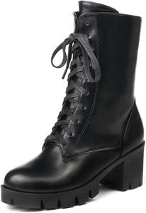 Женские ботильоны MIOKE с кружевной шнуровкой, круглый носок, на платформе, с массивным средним каблуком, повседневные короткие ботинки в стиле милитари, Black-Velvet Lined