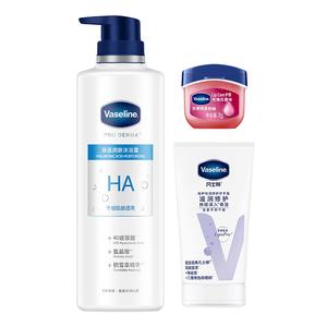 Набор гелей для душа 500 мл+50 мл+7 г Vaseline, hyaluronic acid shower gel 500ml+intensive hydrating hand cream 50ml+розовый 7g