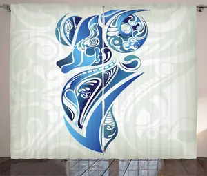 Штора в деревенском стиле ABAKUHAUS Овен, синяя, художественная, с изображением Овна, для спальни, присборенная, с петлями и крючками, 280 x 225 см, цвет: бледно-шалфейный, индигово-синий Abakuhaus