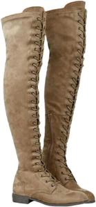 Женские ботфорты FOBIONED выше колена с широким каблуком, из искусственной кожи, эластичные, с платформой и молнией FOBOINED, Khaki-03