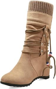 Женские зимние сапоги MIOKE до середины икры, с круглым носком, утепленные мехом, на низком каблуке, с бахромой, вестерн-стиль, Brown