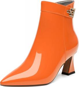 Женские ботильоны, модные сексуальные ботинки с заостренным носком и средним каблуком, тонкие высокие каблуки 2,5 дюйма CDXJHYMY, Orange Patent