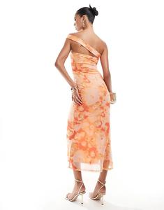 Платье-бандо миди ASOS DESIGN с асимметричными бретельками и сетчатым узором в оранжевый цветочный принт