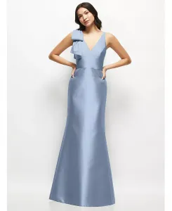 Женское сатиновое платье-труба с глубоким вырезом на спине и каскадным бантом на одном плече Alfred Sung, синий