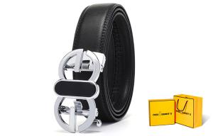 Ослепительный цвет гладкая пряжка принт кожаный ремень мужской черный ширина 3,5 см FREE RABBITⅡ, Ослепительный черный+подарочная упаковка лимитированная серия