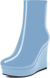 Женские лаковые ботильоны AMBELIGHT с молнией, на платформе, однотонные, с круглым носком, на клиновидном каблуке, средняя голень, 4 дюйма, Light Blue