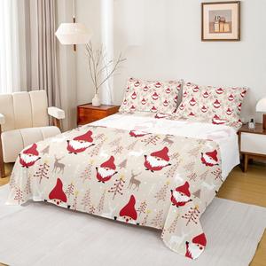 Erosebridal Комплект постельного белья с новогодним принтом гномы и олени, Beige Red Brown