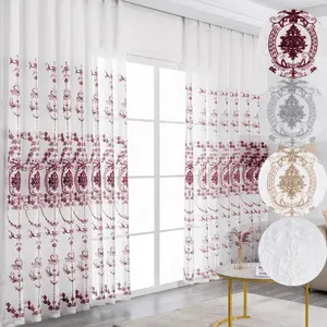 Комплект из 2 прозрачных штор, спальня, прозрачная штора с цветочной вышивкой и люверсами, шторы из вуали, украшение для гостиной, винно-красный, 140x245 см Koheim