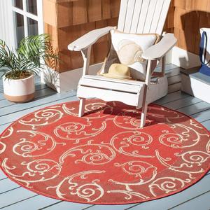 Ковер SAFAVIEH, 201 x 201 см, Washable Rug Outdoor Courtyard Collection, круглый, Red & Natural, без линьки и легкий в уходе, идеален для патио, заднего двора, прихожей (CY2665-3707)