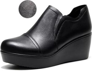 Женские кожаные ботильоны на танкетке с удобной посадкой, круглым носком и противоскользящей подошвой, платформенные, на щиколотку, для повседневной носки, прогулок и шопинга NEJKG, Black-Velvet