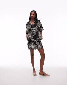 Шорты coord из льна с цветочным узором и стежками в монохромном исполнении Topshop