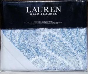 Ralph Lauren Комплект постельного белья 3 предмета, Full Queen, фланель: пододеяльник и наволочки, узор пейсли синий на белом фоне, обратная сторона светло-голубая