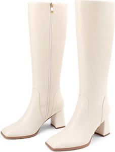 Женские высокие сапоги до колена JOY IN LOVE с массивным каблуком, квадратным носком и застежкой-молнией, Off-White Matte