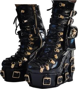 Женские готические ботильоны на платформе с высоким каблуком, лаковые, с пряжкой, карманом и боковой молнией, панк-ботинки Generic, Black