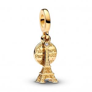 Шарм Paris Eiffel Tower Lab-Grown Diamond Engravable Double Dangle Pandora, покрытие - золото
