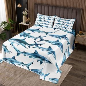 Erosebridal Комплект постельного белья 3D Shark с водяными акулами в стиле кавай для детей и взрослых, Blue White Gray