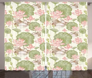 Штора ABAKUHAUS "Рустикальная утка", "Цветок лотоса, прудовая лилия", универсальная ленточная штора для гостиной с петлями и крючками, 280 x 245 см, розовый, зеленый и белый Abakuhaus