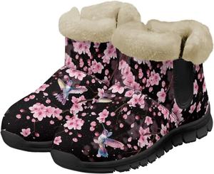 Женские пушистые ботильоны Wam зимние ботинки против скольжения, снежные ботильоны с искусственным мехом, ботильоны до щиколотки, домашняя обувь Chririnla, Cherry Blossom Hummingbirds