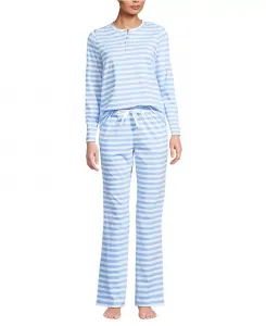 Женский трикотажный пижамный комплект из двух предметов: топ с длинным рукавом и брюки Lands' End, синий