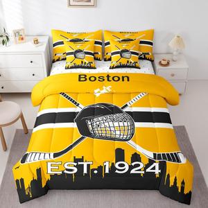 Erosebridal Комплект постельного белья Ice Hockey с одеялом и подушками, сезонный, в стиле Бостон, Gold Black