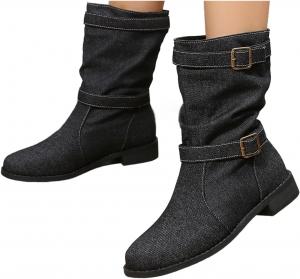 Джинсовые ботильоны для женщин Джинсовые ботинки с круглыми носками для женщин с пряжкой Повседневные короткие ботинки на низком каблуке Generic, Black
