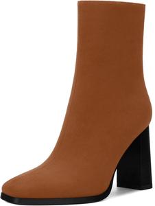 Женские ботильоны, короткие сапоги на высоком квадратном каблуке для женщин, модные сапоги средней высоты с боковой молнией и массивным каблуком 3,5 дюйма MISEZOXI, Brown Suede