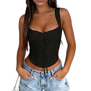 Женский топ-коротыш с вырезом "сердечко", кружевной отделкой и завязкой спереди Clearflower, Black