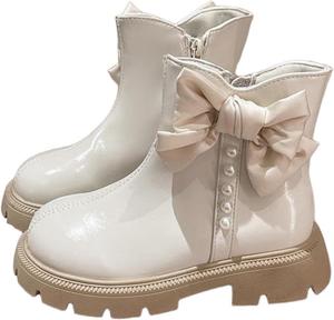 Ботинки с бантом на щиколотке из искусственной кожи для девочек, с боковой молнией, зимние, теплые, стойкие к скольжению, короткие ботильоны, малыши и подростки, милые Generic, White