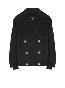 Шерстяное двубортное пальто с четырьмя пуговицами Balmain, белый/черный